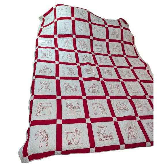 Redwork Colonial Embroidered Quilt Early 1900s Twin 83x67 Pioneer Hand quilted - Picture 13 of 16